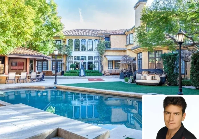 Charlie Sheen house in Beverly Hills, a Mediterranean-style mansion with two pools and a home theater.