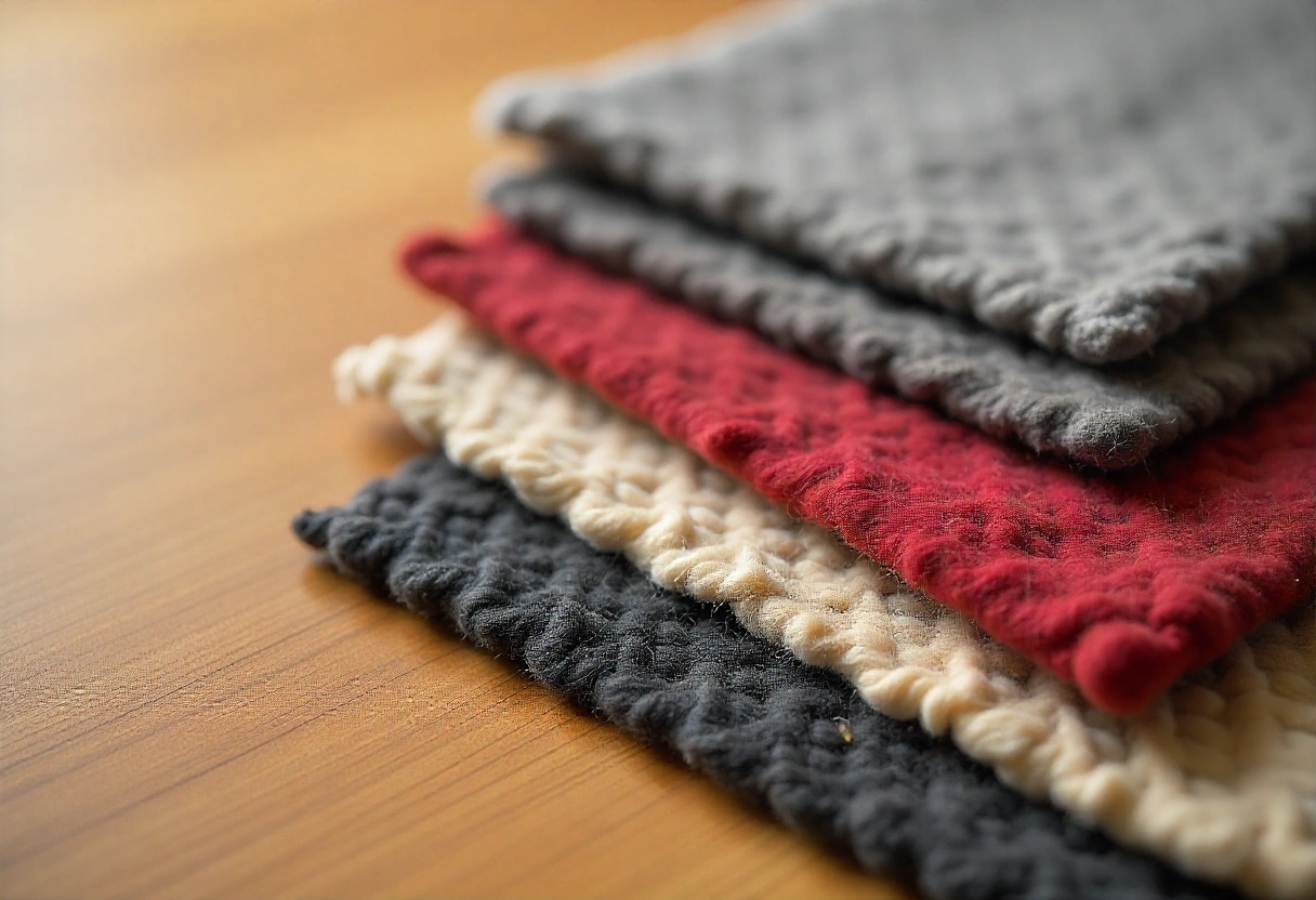 What Does Carpet Installation Cost? 1 A close-up of four neatly arranged carpet swatches in wool, nylon, polyester, and sisal, showcasing different colors and textures.