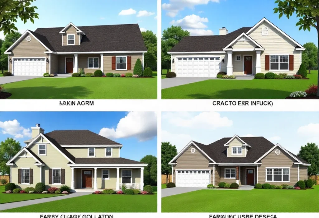 7 Amazing House Plans for 3 Bedroom 2 Bath Home Designs 2 A collage of four house plans: ranch, two-story, farmhouse, and modern, each labeled with bright colors and clean designs.