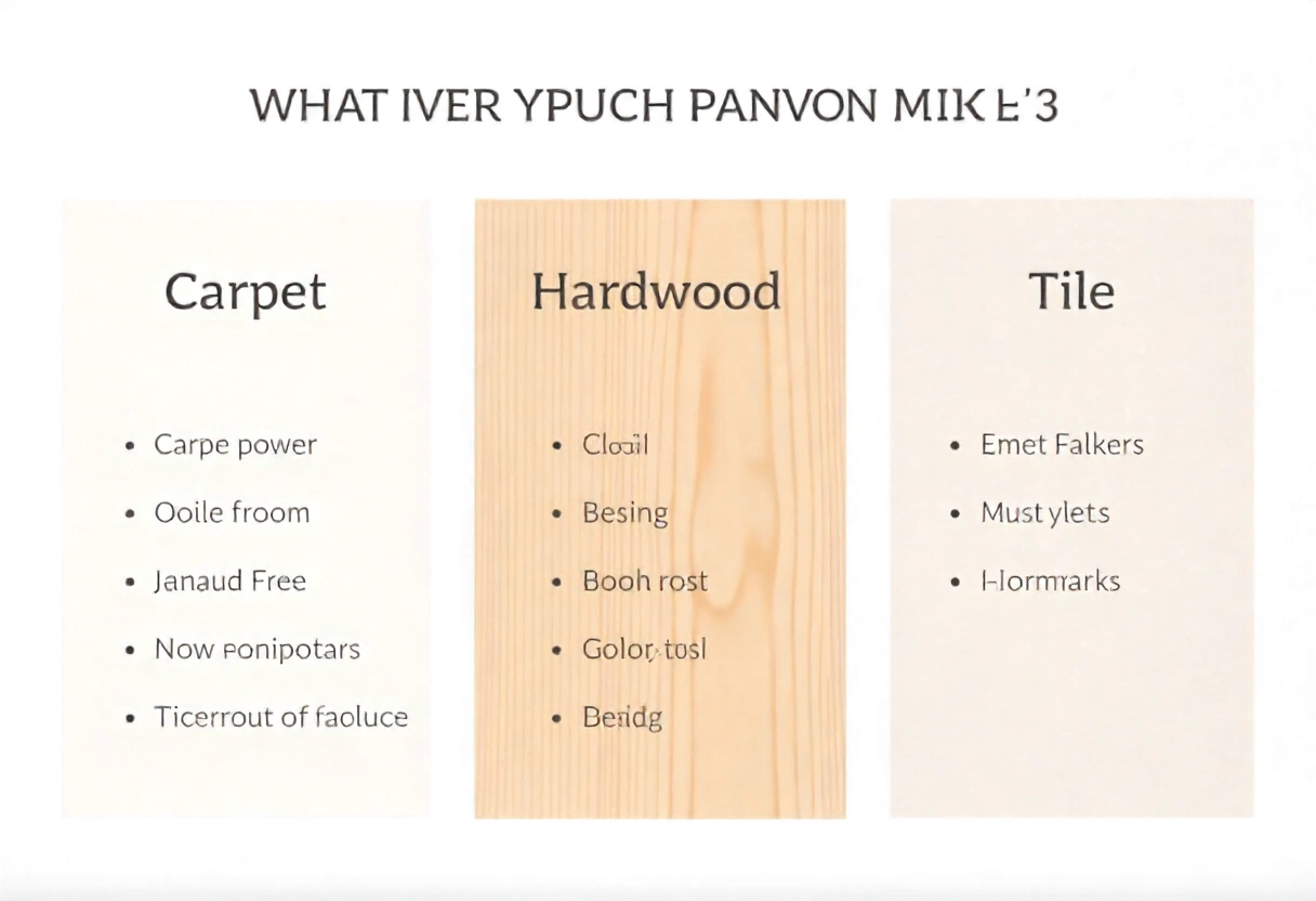 What Does Carpet Installation Cost? 3 Infographic comparing costs of carpet, hardwood, and tile in neutral colors: beige, gray, and white.
