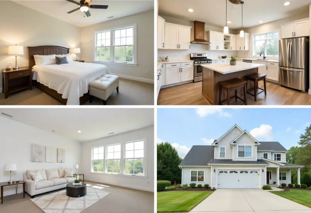 7 Amazing House Plans for 3 Bedroom 2 Bath Home Designs 4 Collage of a cozy home featuring a modern kitchen, bright living room, master suite, and attached garage in realistic style.