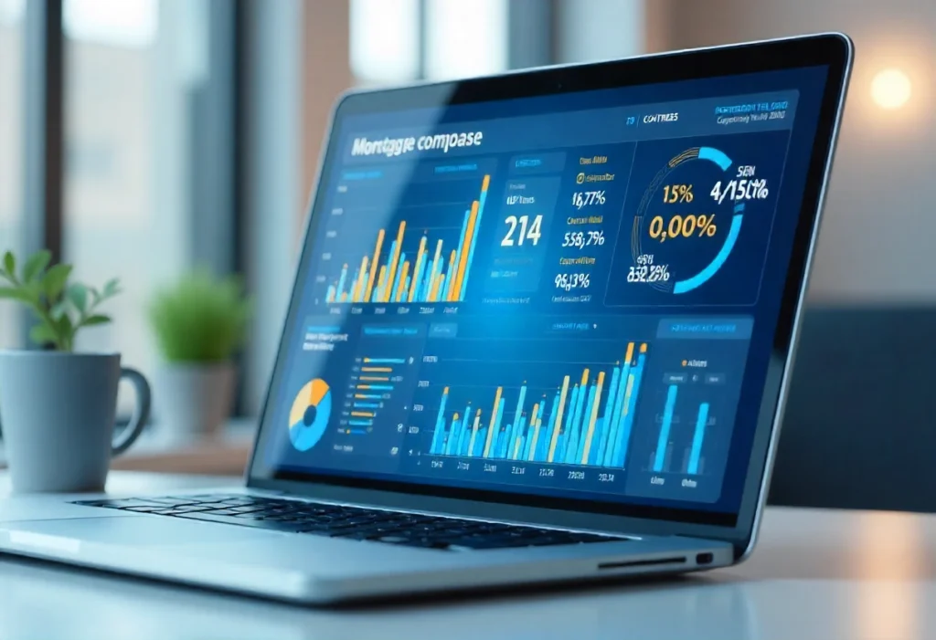 A realistic 3D laptop screen shows a digital dashboard featuring mortgage charts, interest rates, and approval progress bars.