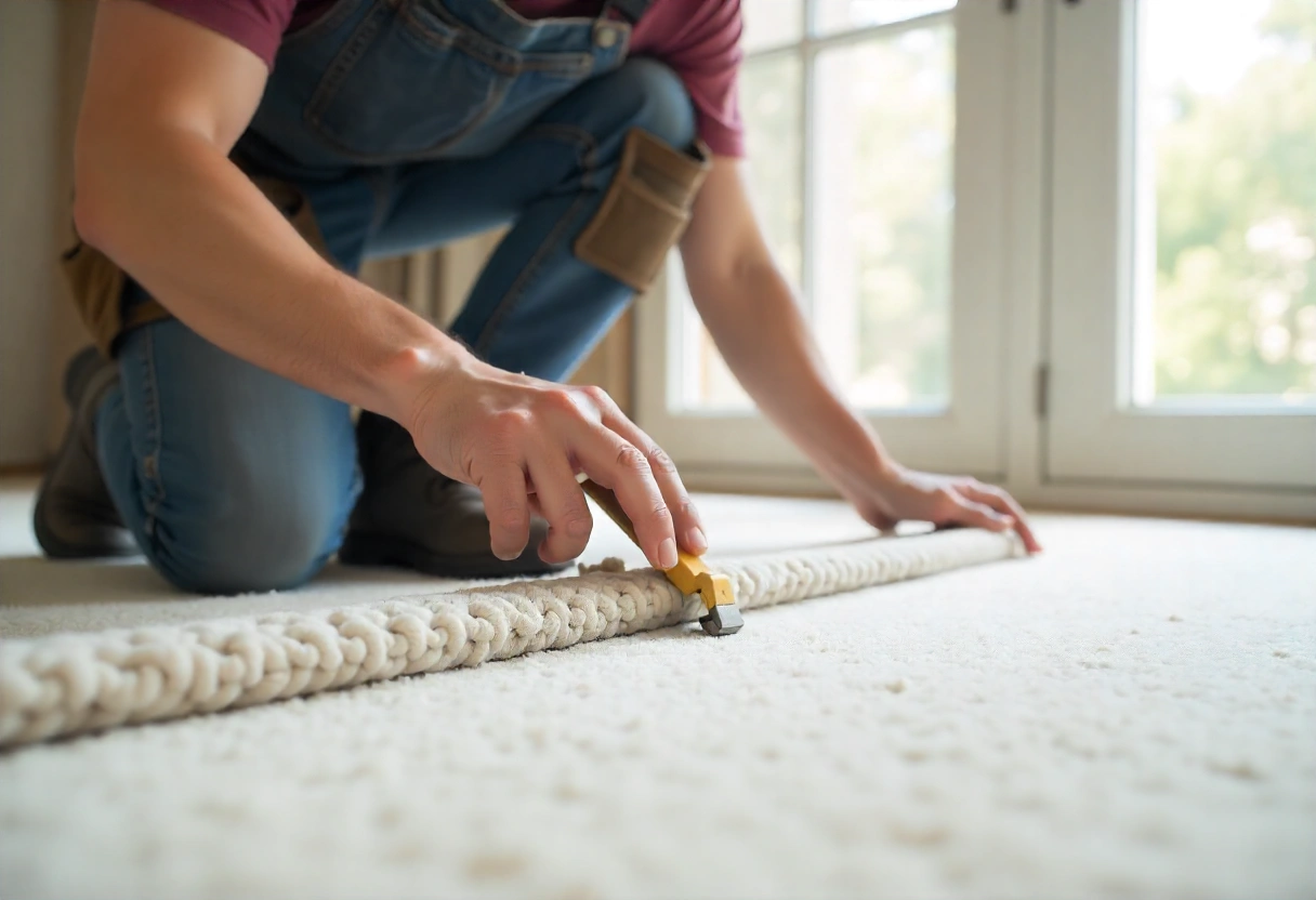 What Does Carpet Installation Cost? 2 A professional man installs carpet in a modern home, using tools to stretch and trim edges for a perfect fit.