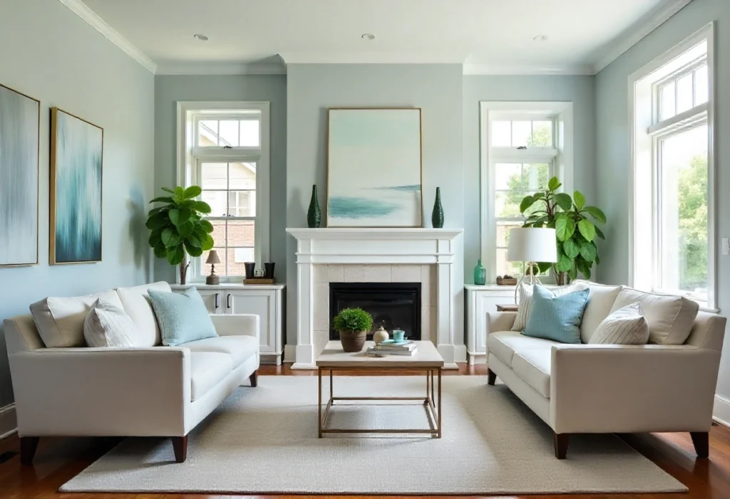 Airy living room featuring Sherwin Williams Upward blue walls, white furniture, and abundant natural sunlight for a cozy feel. Sherwin Williams Upward-SW 6239
