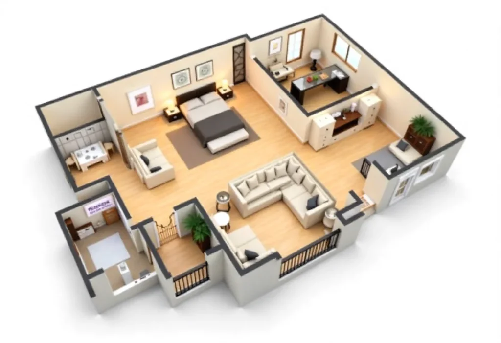 7 Amazing House Plans for 3 Bedroom 2 Bath Home Designs 3 3D rendering of a two-bedroom apartment floor plan, featuring labeled room sizes, furniture layout, and warm lighting.