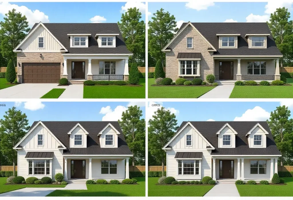 7 Amazing House Plans for 3 Bedroom 2 Bath Home Designs 5 Four exterior renderings of a house with a garage, showcasing traditional, modern, farmhouse, and craftsman styles in natural light.