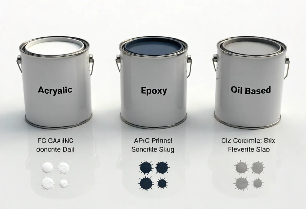 7 Amazing Secrets About Concrete Paint That'll Save You Money 4 Three paint cans labeled “Acrylic,” “Epoxy,” and “Oil-Based” with color swatches on concrete slabs for comparison.
