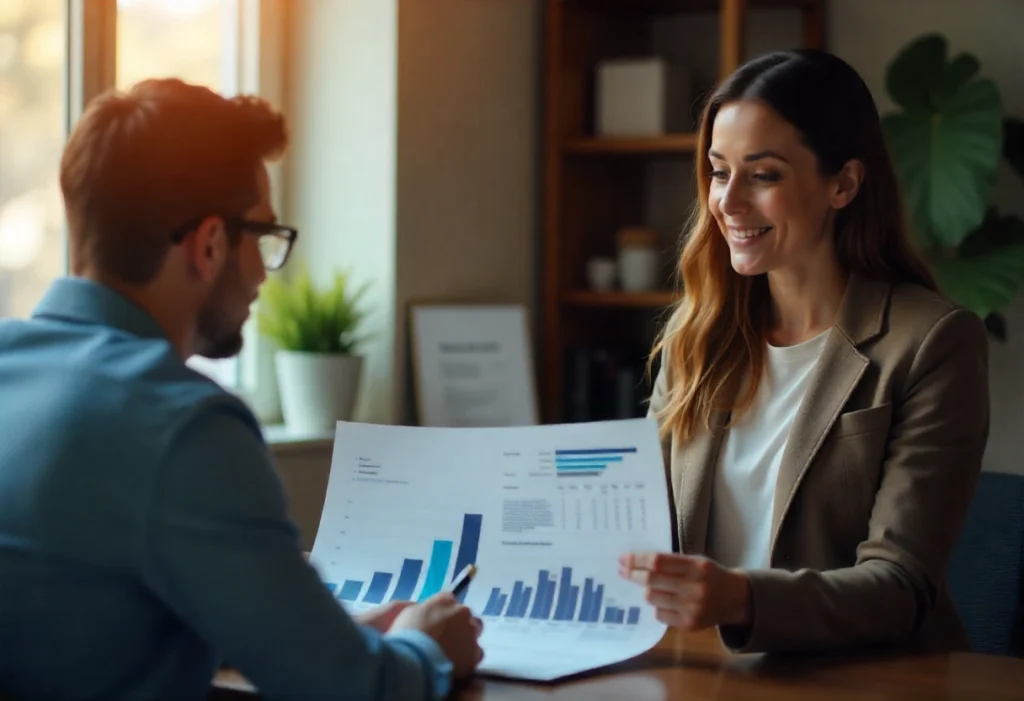 A man and woman discuss home loan options at a table with charts in a cozy, well-lit office setting.