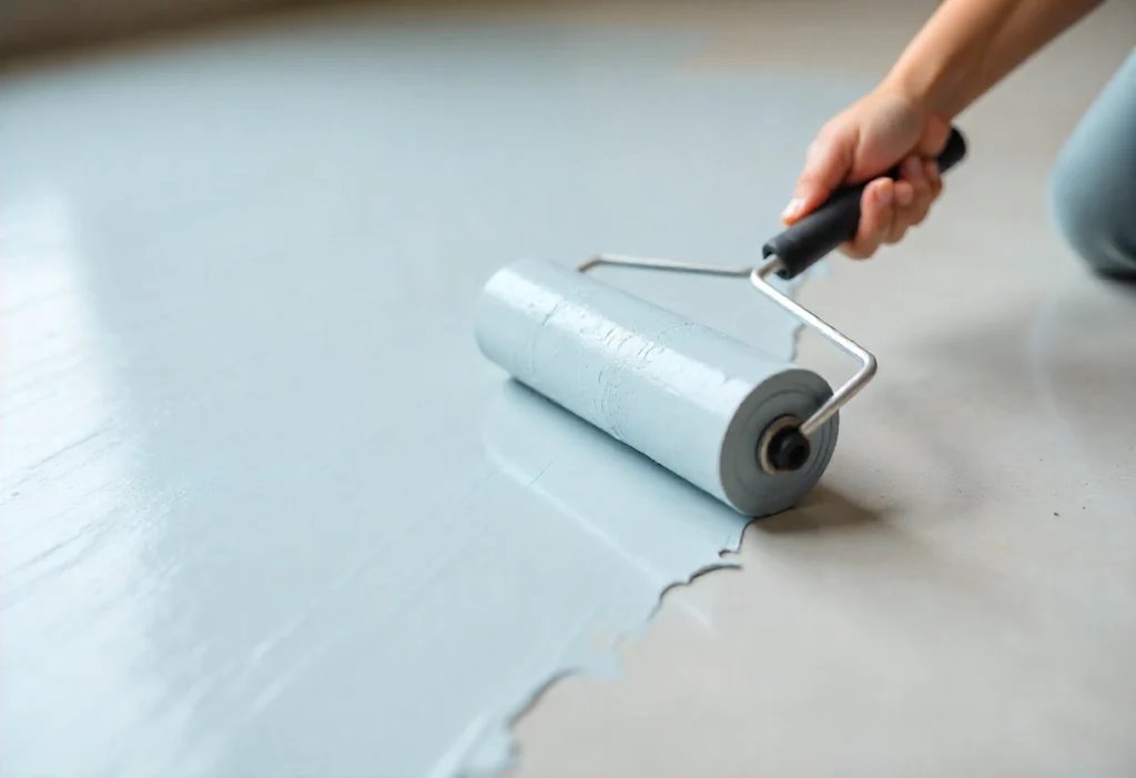 7 Amazing Secrets About Concrete Paint That'll Save You Money 2 Close-up of a hand using a roller to apply bright gray paint on a smooth cement floor, showcasing wet and unpainted surfaces.