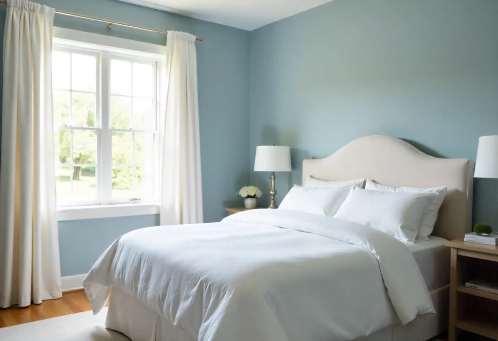 Sherwin Williams Upward SW 6239: The Calm Blue That Everyone Loves 1 A serene bedroom with blue-gray walls, white bedding, soft curtains, and morning light, showcasing minimalist decor.