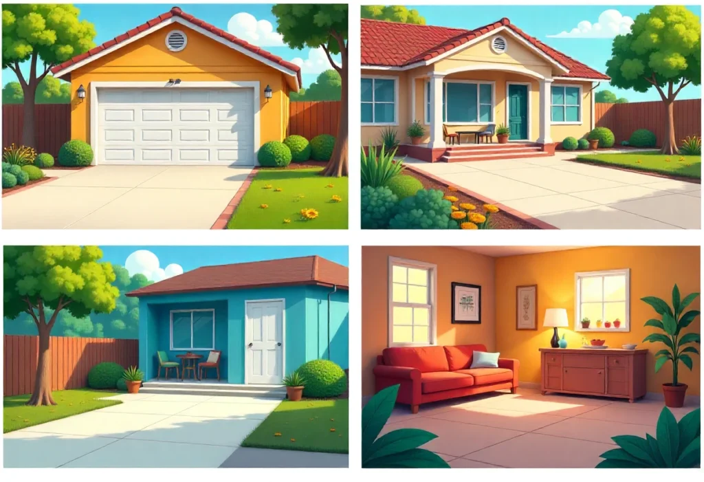 7 Amazing Secrets About Concrete Paint That'll Save You Money 3 A collage of four colorful houses showcasing areas like garage, basement, patio, and walkway, all freshly painted and clean.
