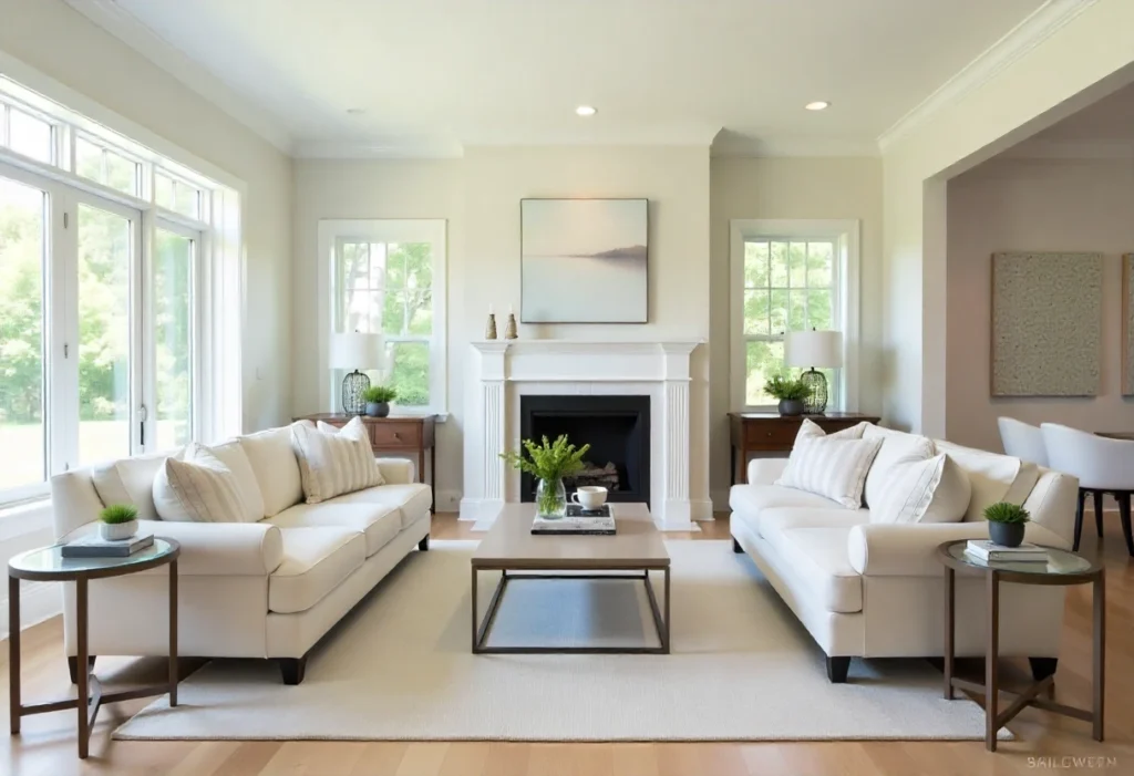 Sherwin Williams Upward SW 6239: The Calm Blue That Everyone Loves 2 Modern living room with white furniture, a fireplace, light wood floors, and natural sunlight, creating an elegant atmosphere.