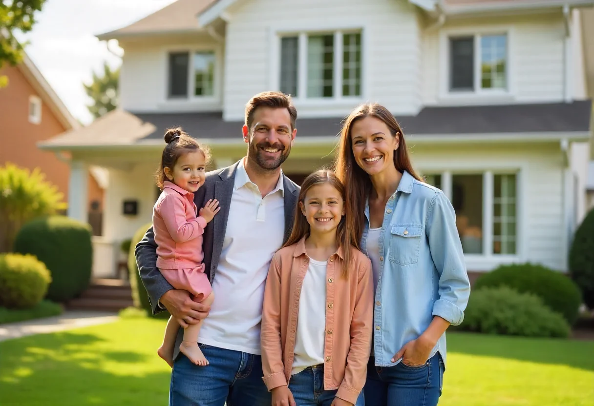 7 Amazing House Plans for 3 Bedroom 2 Bath Home Designs 1 A happy family of four smiles in front of their cozy three-bedroom home on a sunny day in a suburban neighborhood.