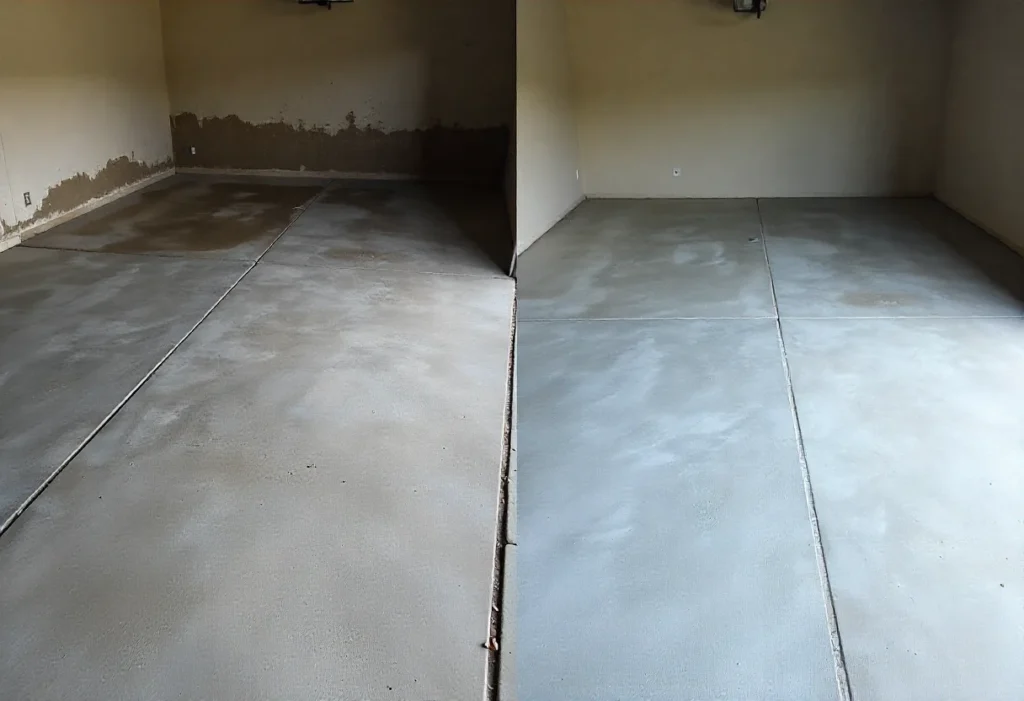 7 Amazing Secrets About Concrete Paint That'll Save You Money 1 Side-by-side images of a cracked, dirty garage floor and a freshly painted, clean concrete surface, showcasing a transformation.