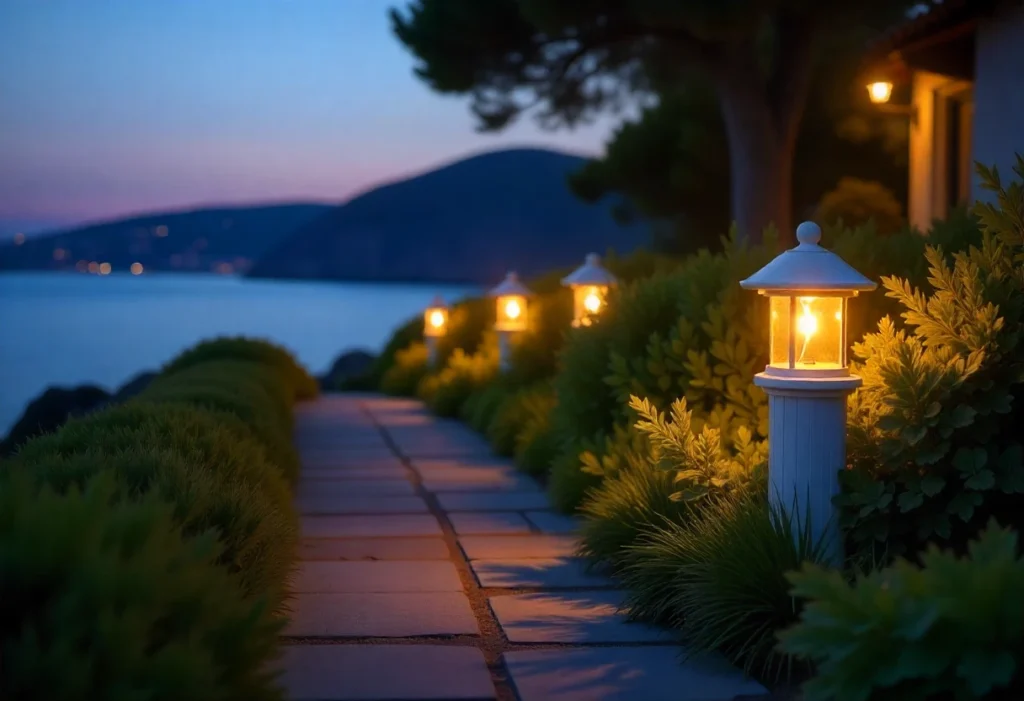 A softly lit pathway lined with solar lights leads to a cozy house, surrounded by lush greenery in a serene evening garden.