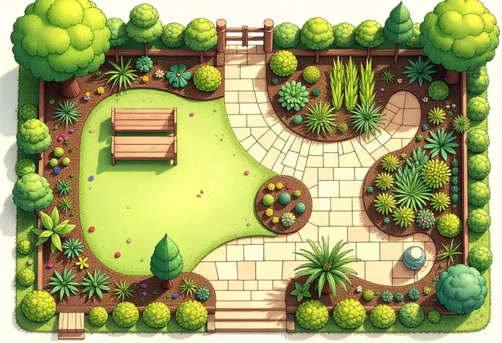 Top-down view of a garden featuring a bench, pathways, flower beds, and vegetable patches, showcasing a balanced layout.