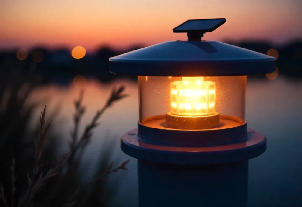 A lit solar lamp at sunset, showcasing warm light, a solar panel on top, and reflections on nearby water or plants.