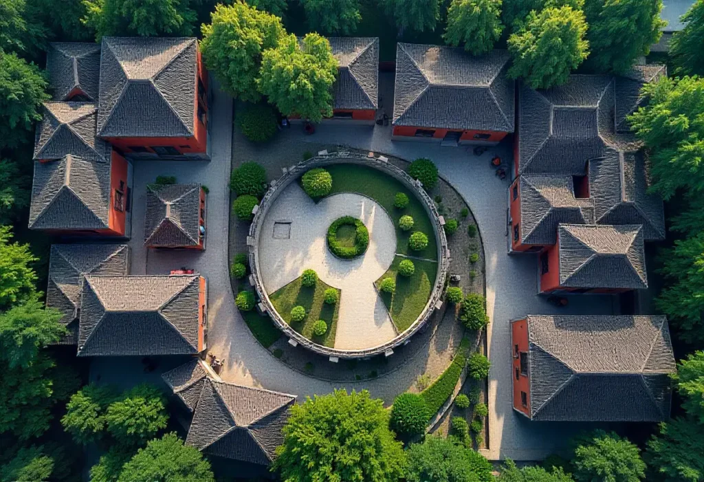 Aerial view of a circular courtyard with trees, showcasing traditional Chinese architecture: Siheyuan, Tulou, and Hutong homes.