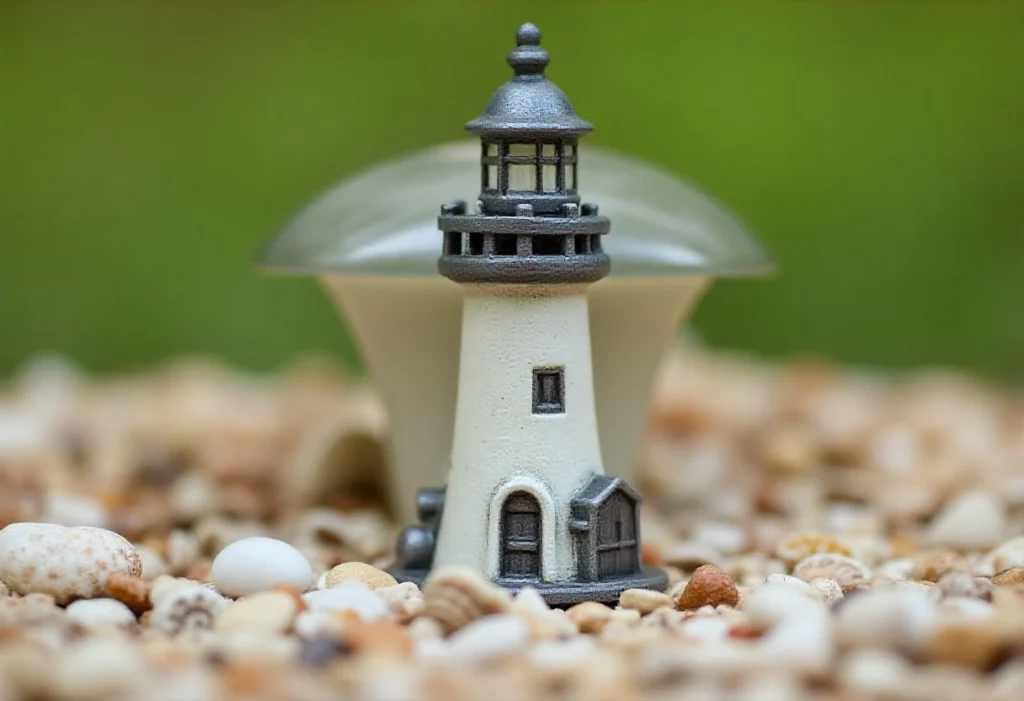 A decorative miniature lighthouse atop rocks, surrounded by seashells and pebbles, mimicking a real lighthouse structure.
