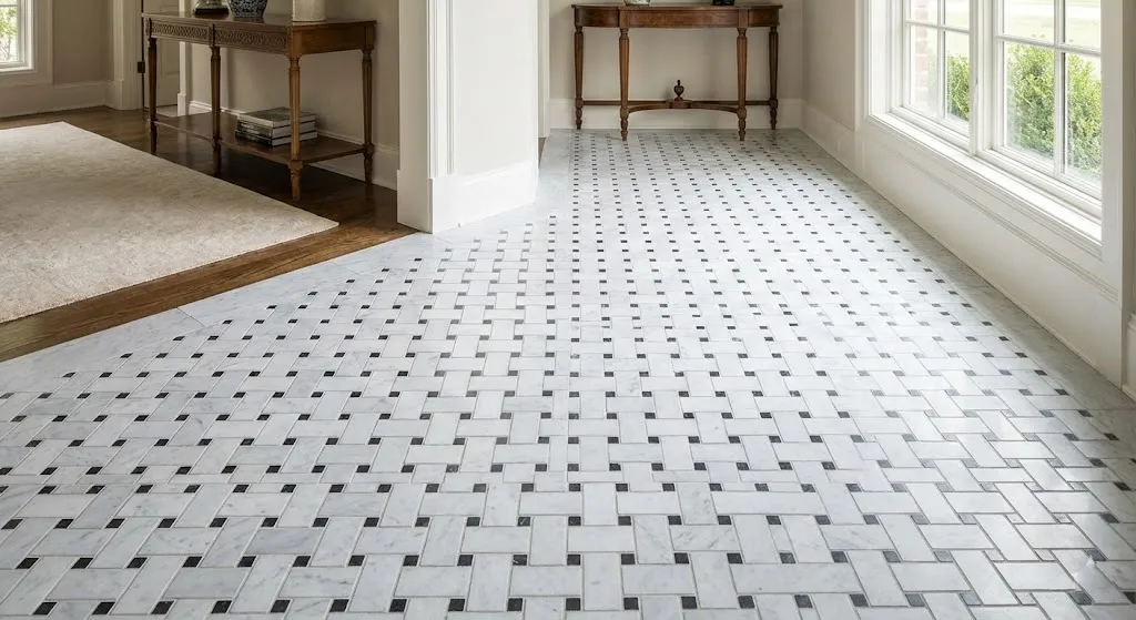 Classic black and white basket weave marble floor in a hallway, featuring clean grout lines and neutral tones in daylight.