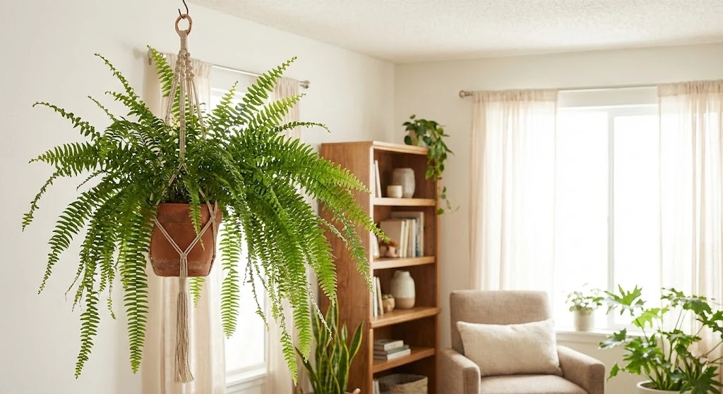 Boston Fern in indoor hanging pot