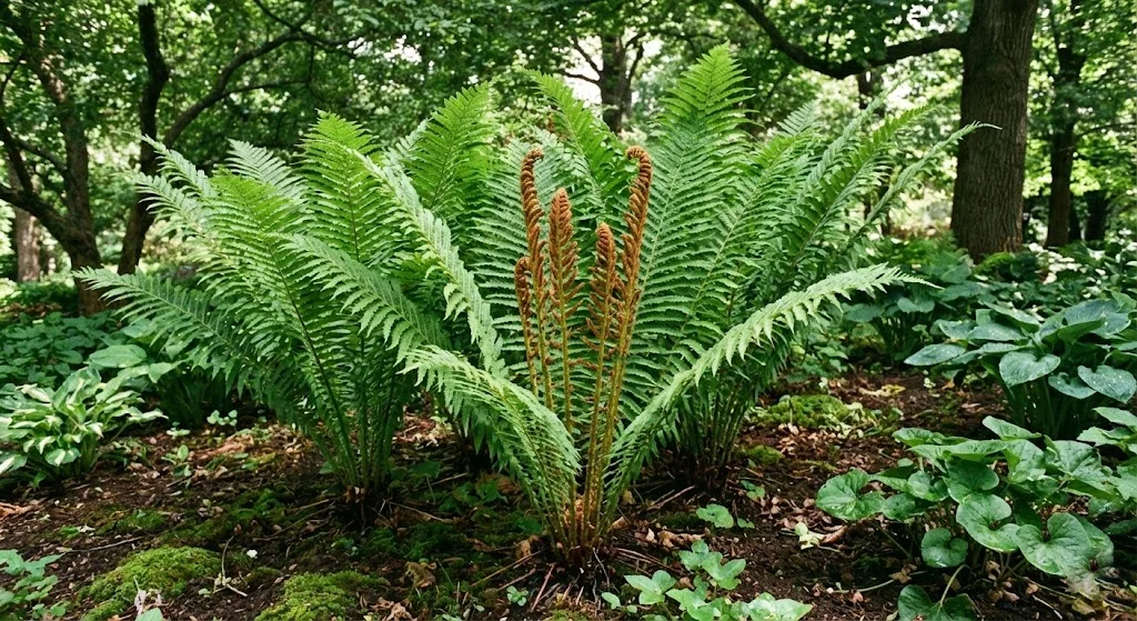 Cinnamon Fern in shaded garden bed