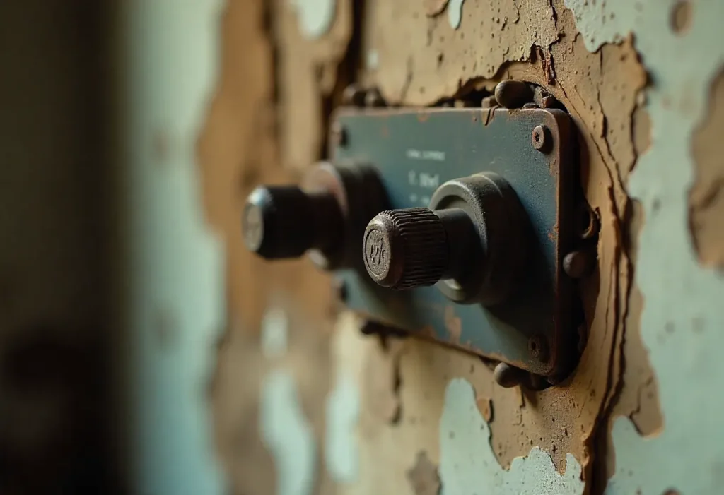 A contractor kneels in an unfinished basement, inspecting foundation cracks with a flashlight in soft natural light.
