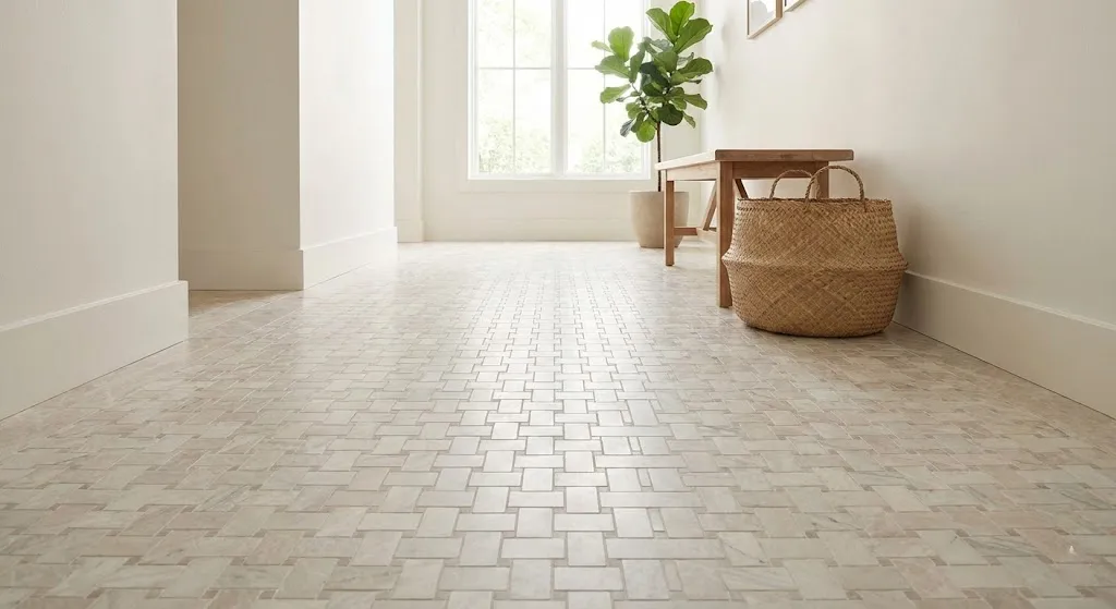 A white hallway featuring honed basket weave marble flooring and a basket on the floor, creating a calm, modern atmosphere.