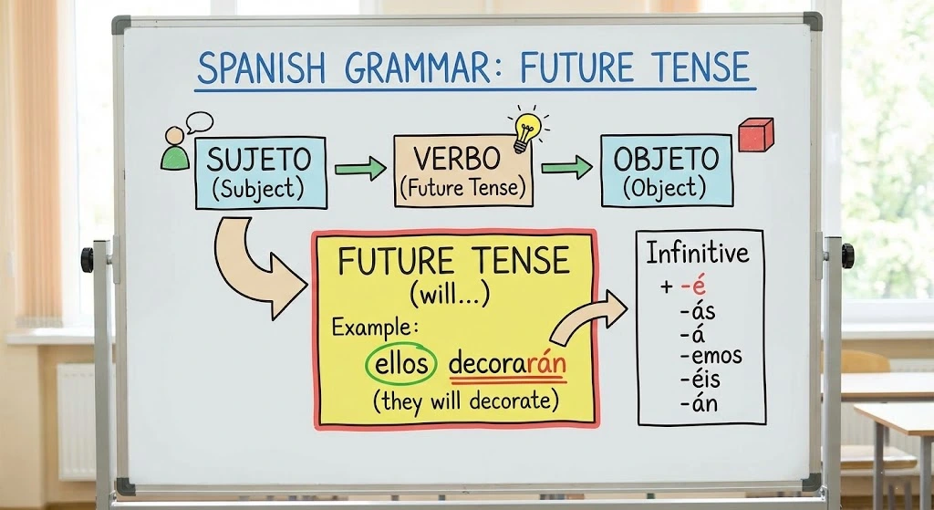 Visual explaining Spanish future tense with "ellos decorarán" example and sentence structure diagram for beginners.