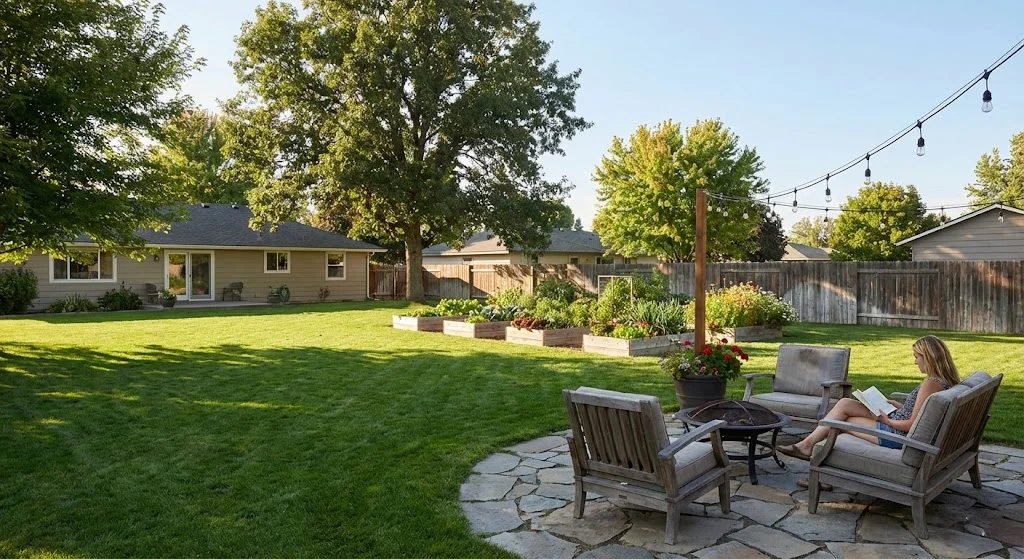 2226 SE 11th Walla Walla WA: Your Complete Property & Neighborhood Guide 2 A woman relaxes in a lawn chair in a serene Walla Walla backyard with a lush green lawn and mature trees.