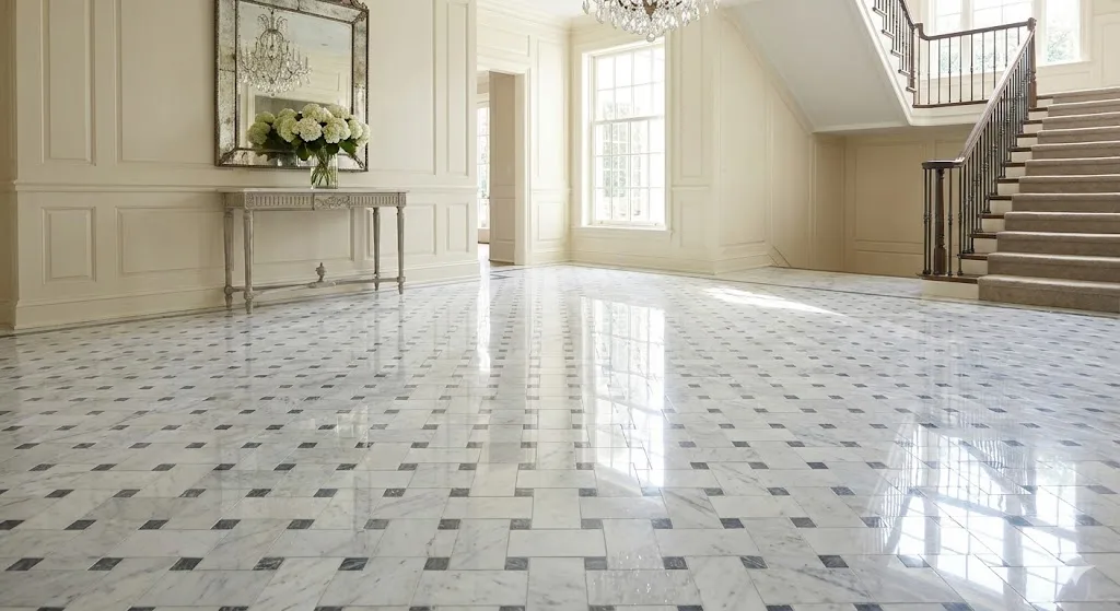 Elegant white marble floor with a polished basket weave design, chandelier above, and grand staircase in a luxury entryway.