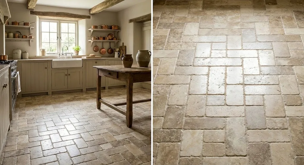 A European-style kitchen featuring a tumbled marble floor and rustic wooden flooring, illuminated by natural light.