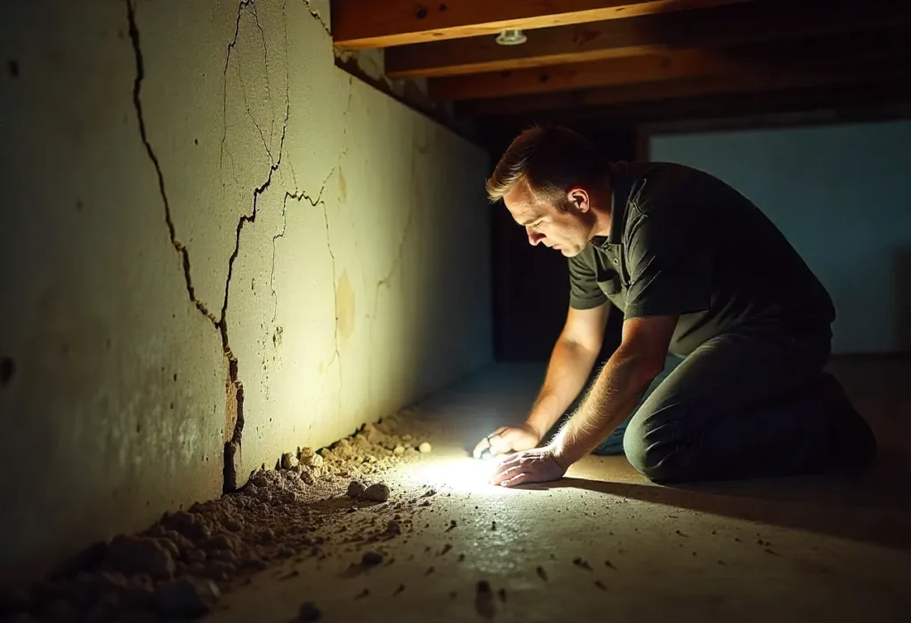 A contractor kneels in an unfinished basement, inspecting foundation cracks with a flashlight in soft natural light.