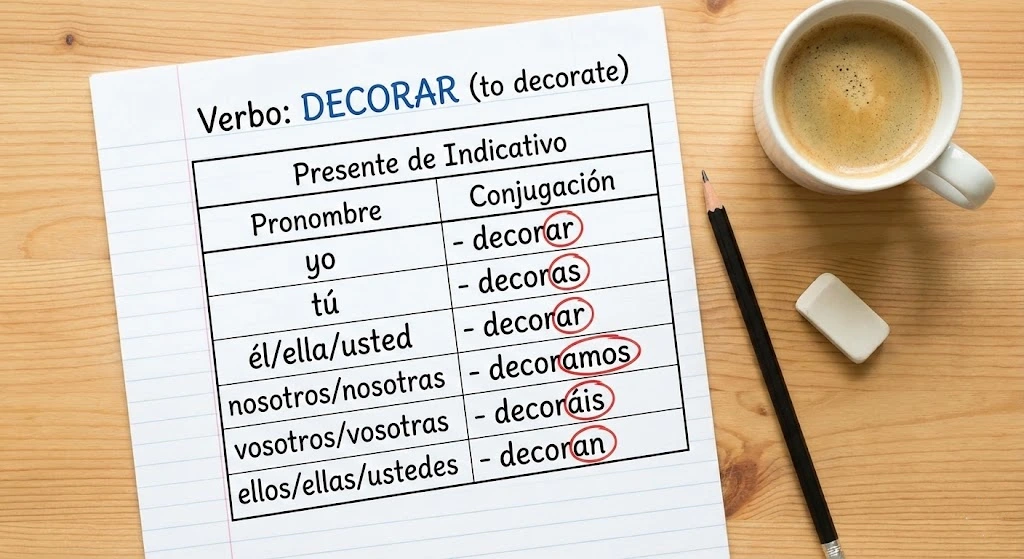 Spanish verb chart displaying "decorar" conjugation, emphasizing regular -ar verbs in a clean, educational study setup.