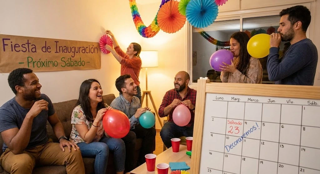A group of people decorating a room with balloons, illustrating a friendly atmosphere for future planning in Spanish learning.