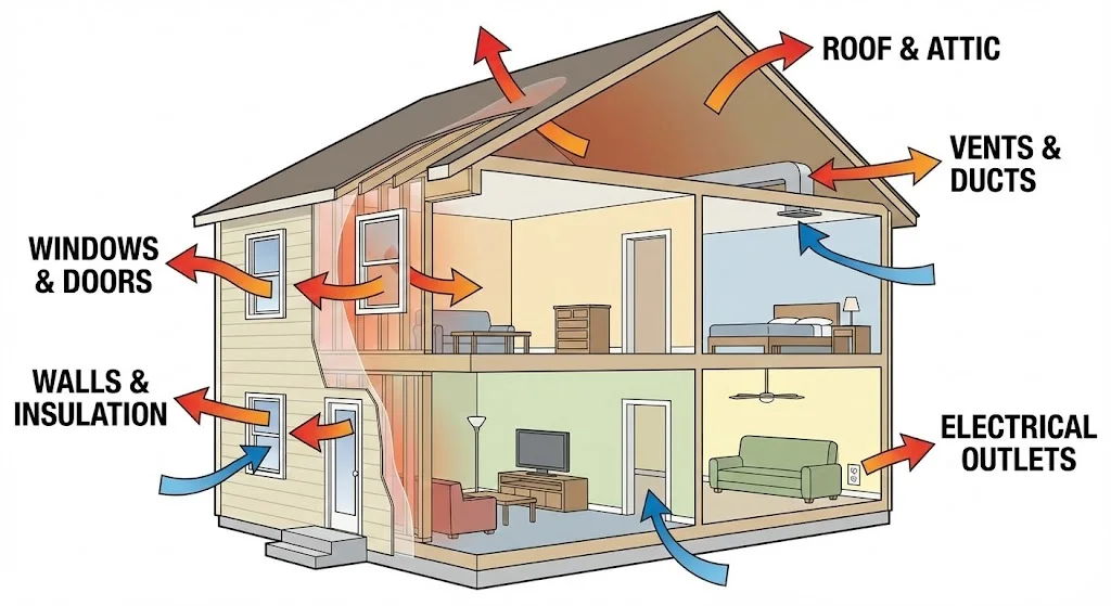 Cutaway diagram of a house illustrating heat loss through windows, doors, and walls, with arrows showing airflow direction.