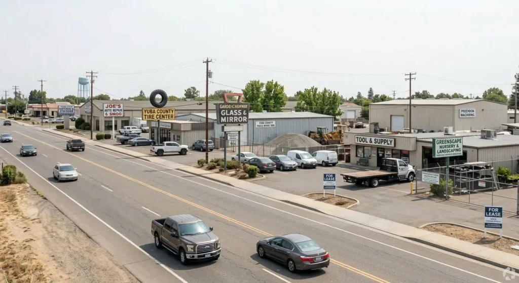 Garden Highway commercial corridor in Yuba City with industrial buildings and service businesses
