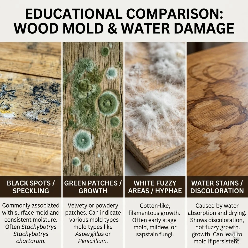 Comparison of mold and water stains on wood.