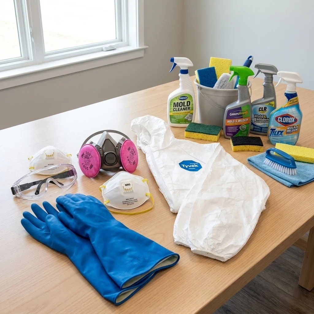 Safety gear for cleaning mold from wood.