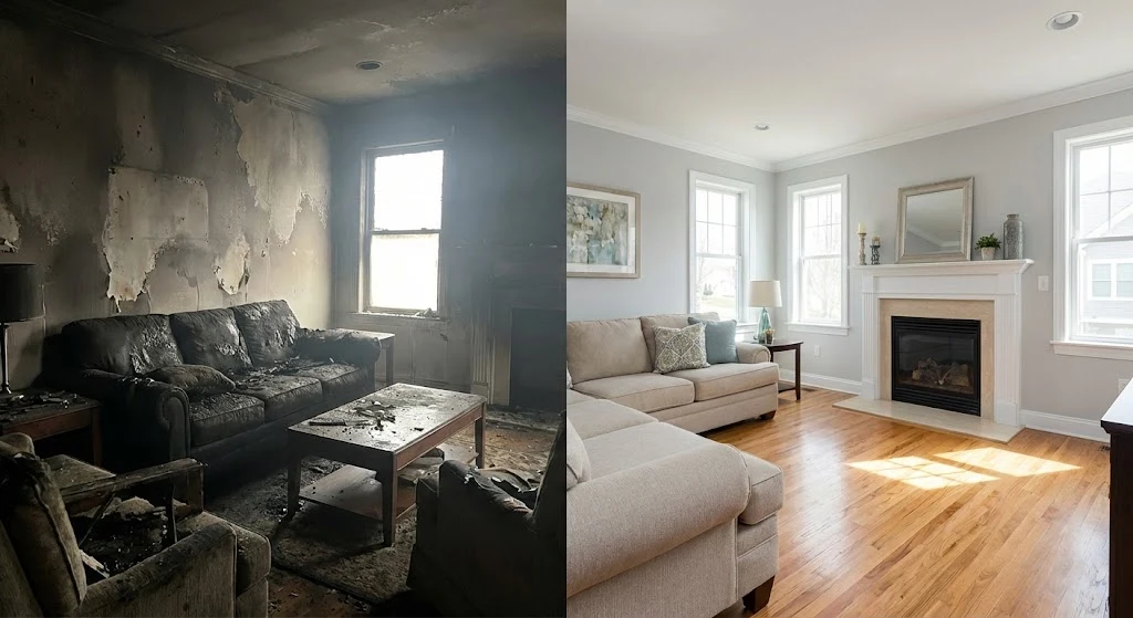 Before and after fire damage restoration inside residential home