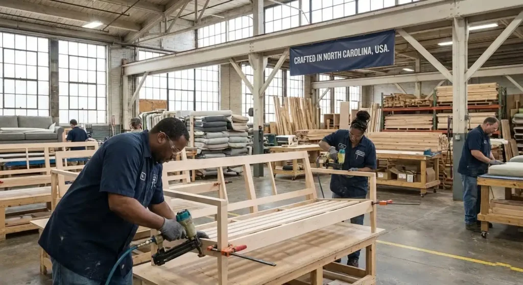 Jackson Furniture manufacturing sofa in factory.