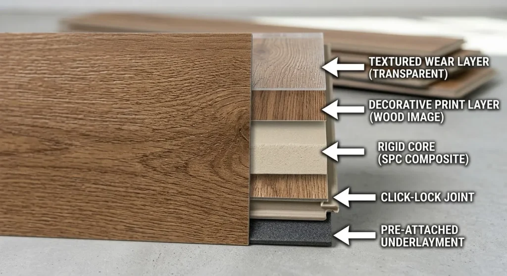 Close-up of Optimax hybrid resilient flooring plank layers.