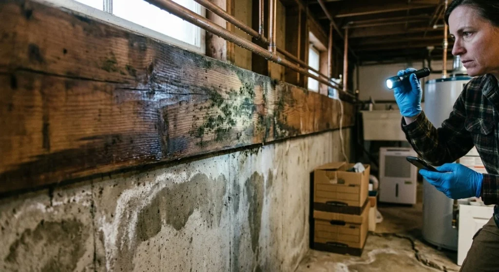 Mold growing on damp wood in a basement.