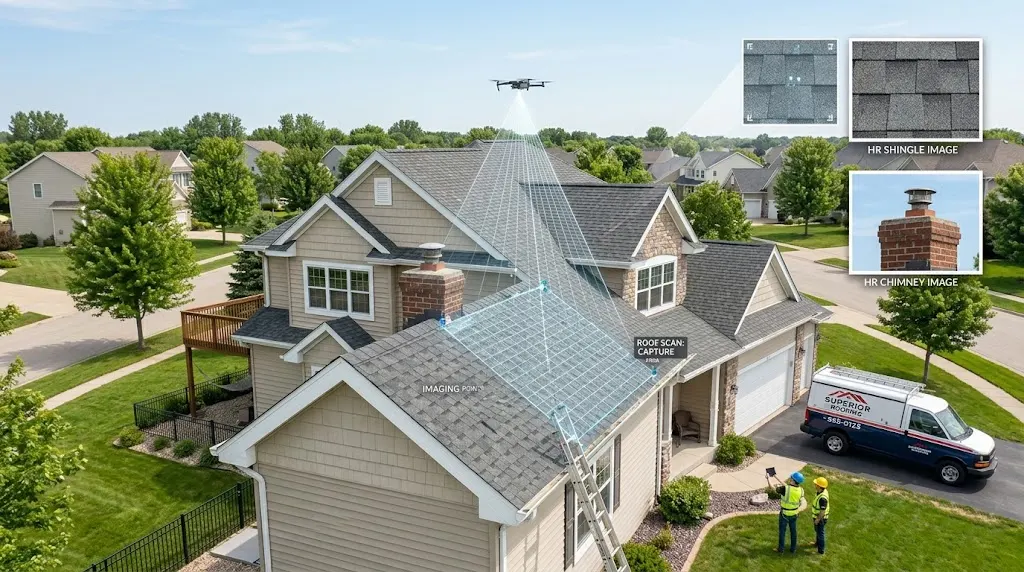 Drone inspecting roof from above