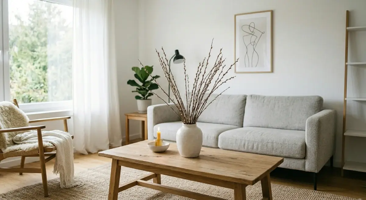 Pyntekvister branches in ceramic vase on modern coffee table setup
