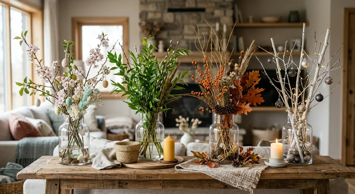 Four glass vases with seasonal pyntekvister branches on a rustic wooden table.