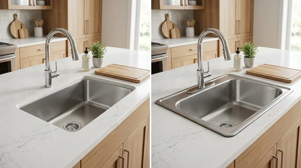 Side-by-side comparison of undermount and drop-in kitchen sinks