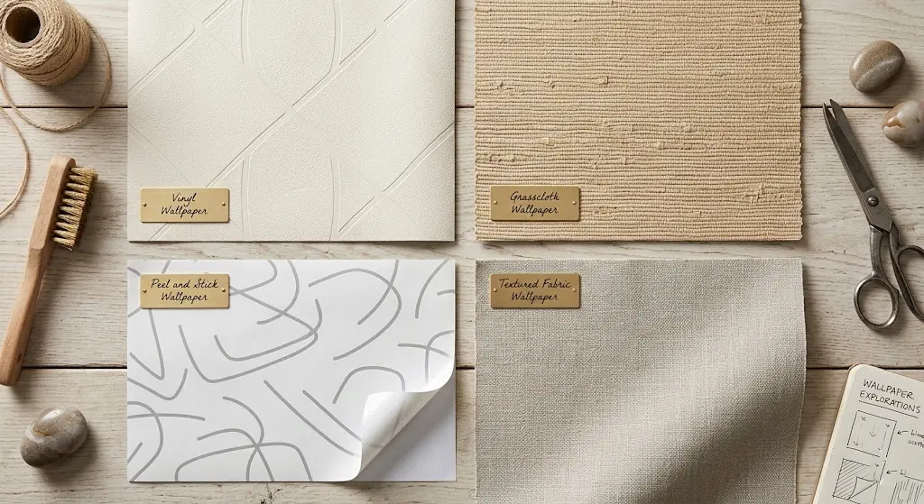 different types of wallpaper materials samples on table