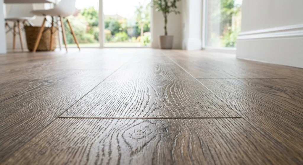 NuCore Flooring Review: Is It Worth Buying? 1 Close-up of luxury vinyl plank flooring with realistic wood grain texture