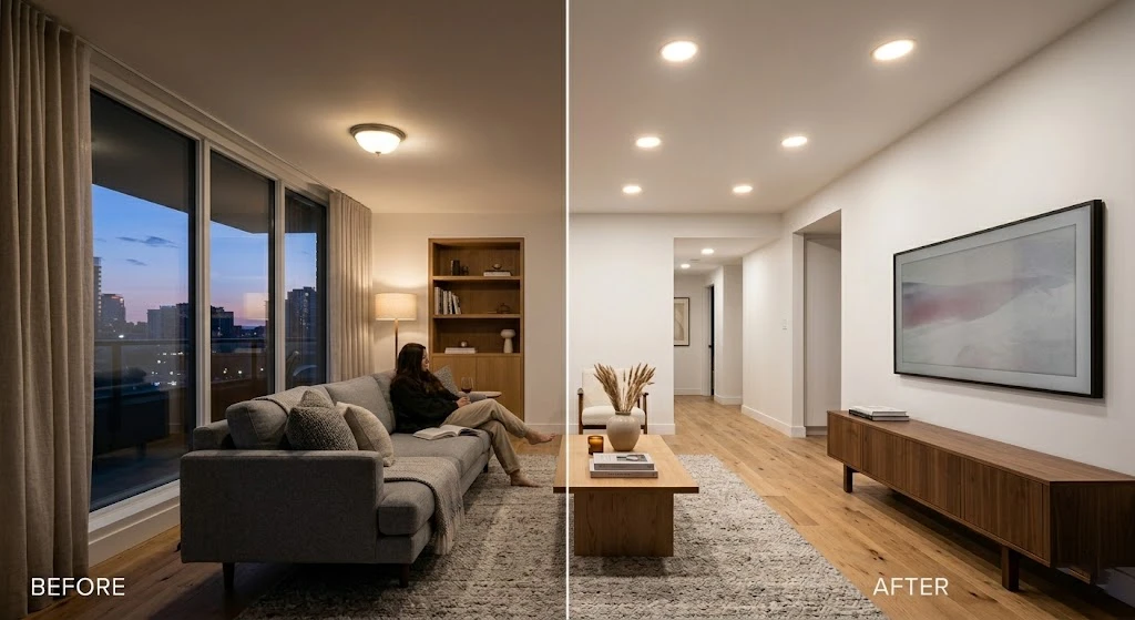 Recessed Lighting Installation Cost: What You'll Actually Pay in 2025 1 Before and after recessed lighting installation in living room